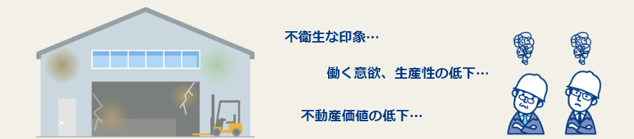 工場床がはがれたままにしていると不衛生な印象を与え、働く意欲と生産性の低下、不動産価値の低下につながってしまう