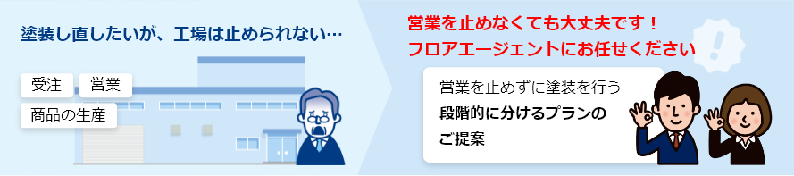 塗装し直したいが、工場は止められない…とお悩みの経営者の方、営業を止めなくても大丈夫です！フロアエージェントにお任せください